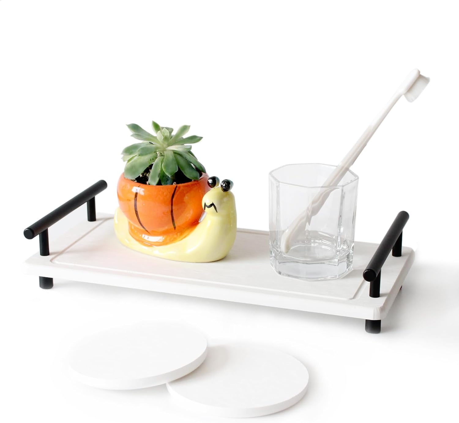 Instant Dry Sink Caddy, Stone Drying Tray with Handle, Water Absorbing Stone Tray for Sink, Drying Stone for Kitchen Counter Bathroom Sink, Stone Soap Tray, Sink Tray (White Black Large)