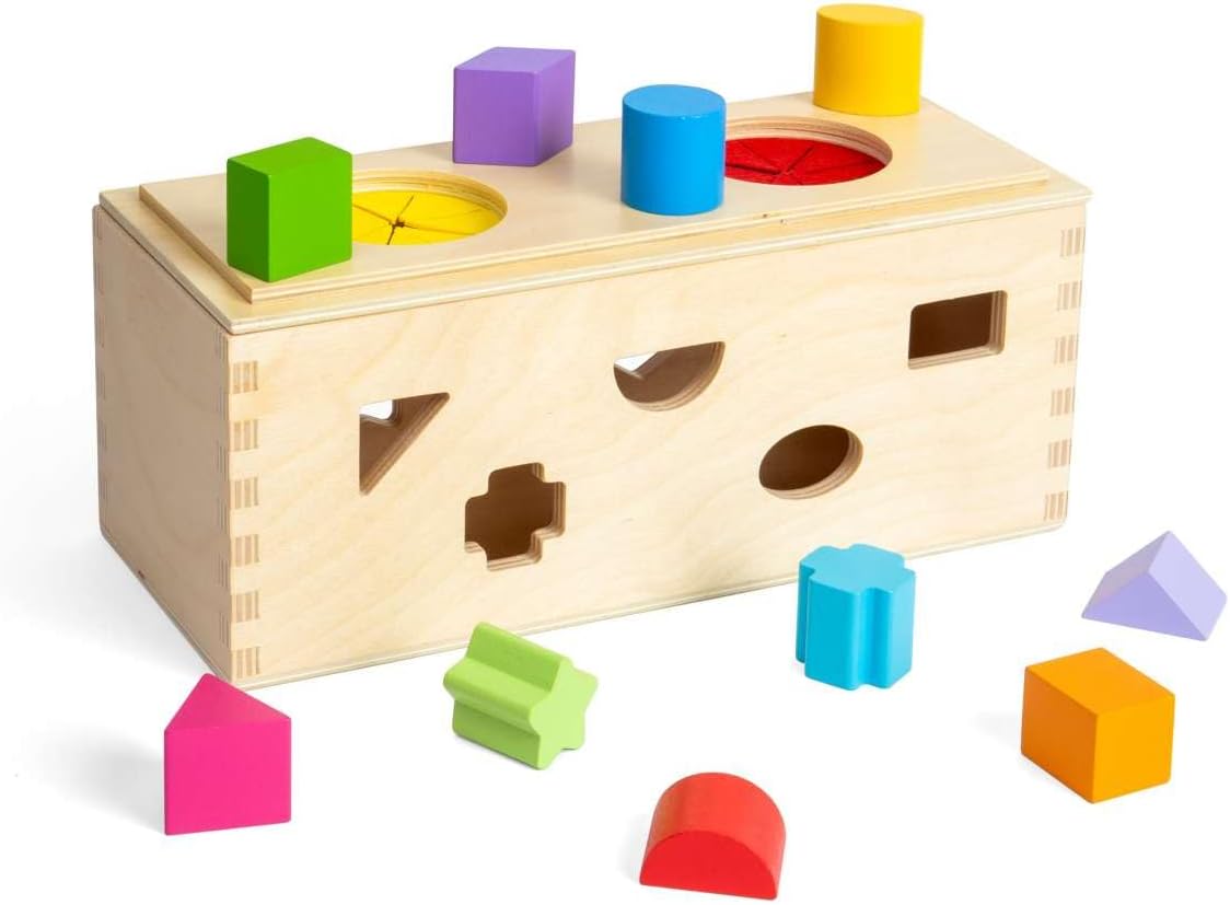 Bigjigs Toys Mystery Box - 10pcs Wooden Montessori Shape Sorter & Guess The Shapes Game, Early Learning Activity, Eco Friendly & Educational Gifts For Toddlers, Age 12+ Months Old