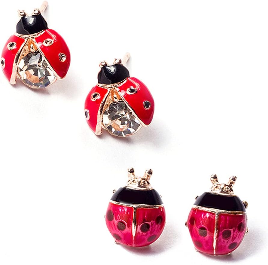 2Pairs Cubic Zirconia Cute Bug Little Ladybird Earrings Black Spot Red Charm Insect Tiny Ladybug Stud Earrings Small Ladybeetle Eardrop for Women Girls Delicate Jewelry