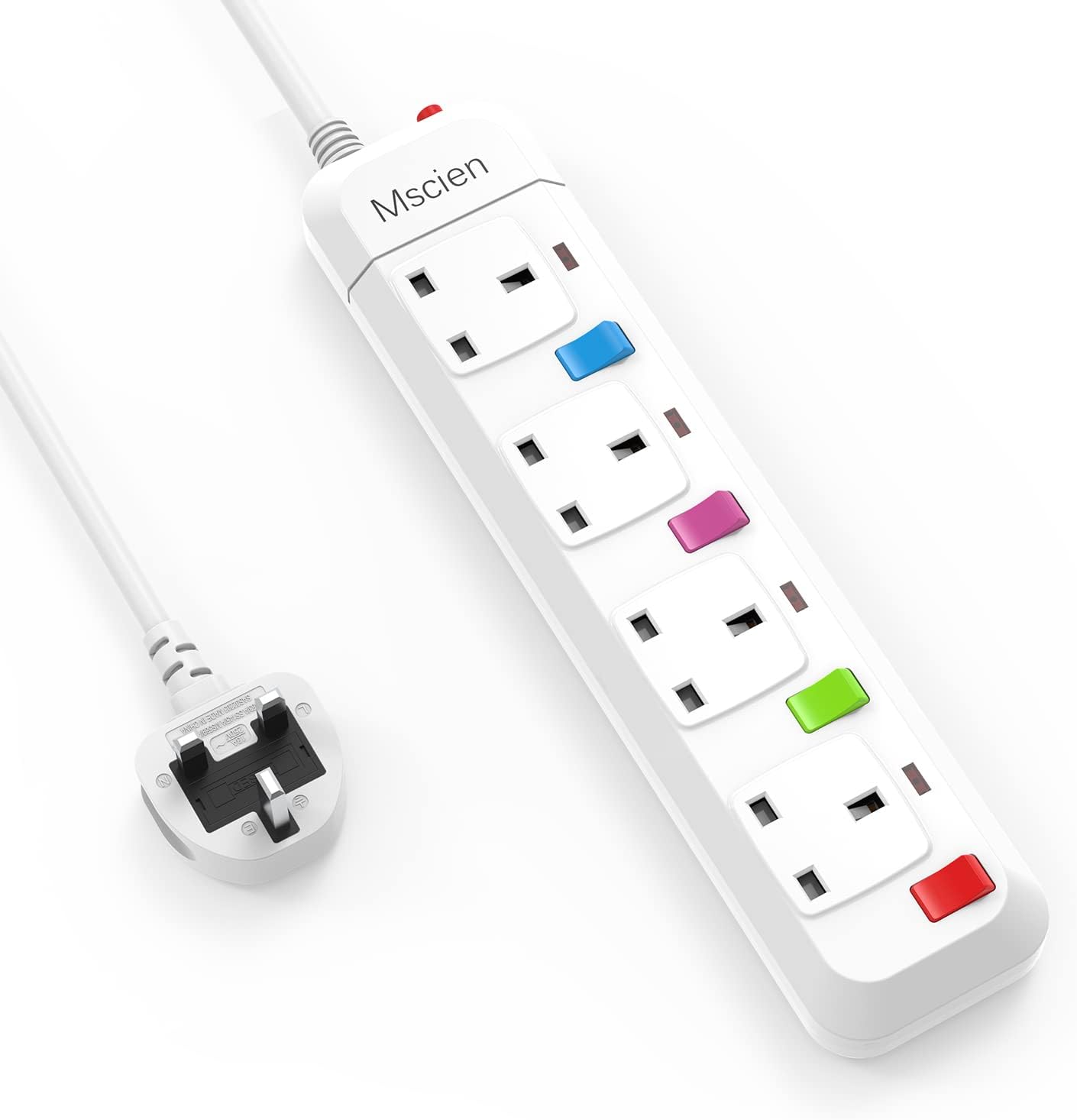 Mscien Extension Lead with Switches, 4 Way Plug Sockets with Overload Protection Surge Protection 1.8M Extension Cable Wall Mountable Power Strip