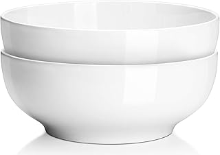 DOWAN Serving Bowls, Large Salad Bowls, 9.5" White Ceramic Fruit Bowls for Entertaining, Side Dishes, Pho, Pasta, Dinner Parties, Kitchen Decor, Microwave & Dishwasher Safe, Easy Clean