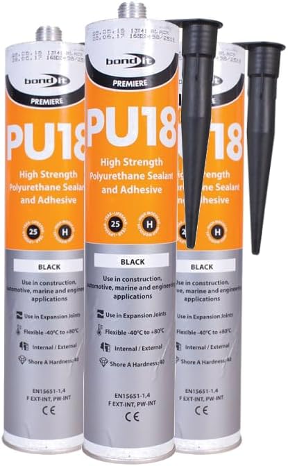 (3 Tubes) PU18 Black Polyurethane Sealant Adhesive Strong Flexible for Construction, Auto and Marine applications. Non Shrinking High Grab Suitable for Expansion Joints . Paintable .