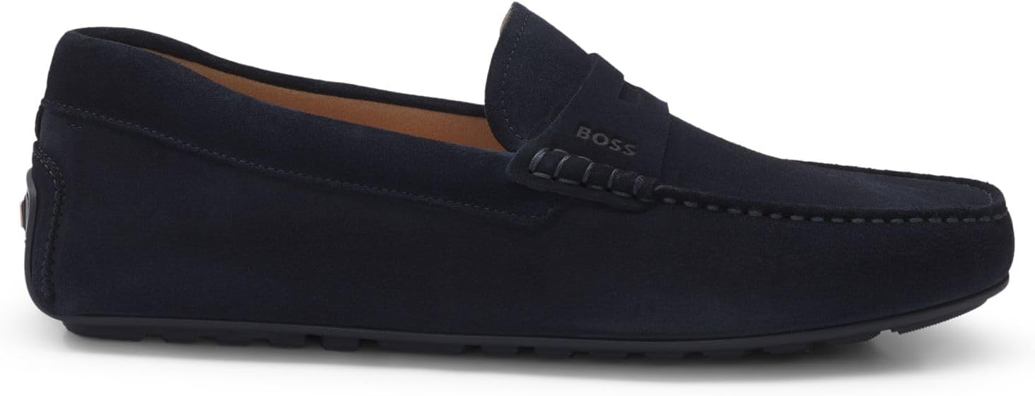 BOSS Mens Noel Mocc Portuguese-Crafted Moccasin Loafers in Suede with Penny Trim Size