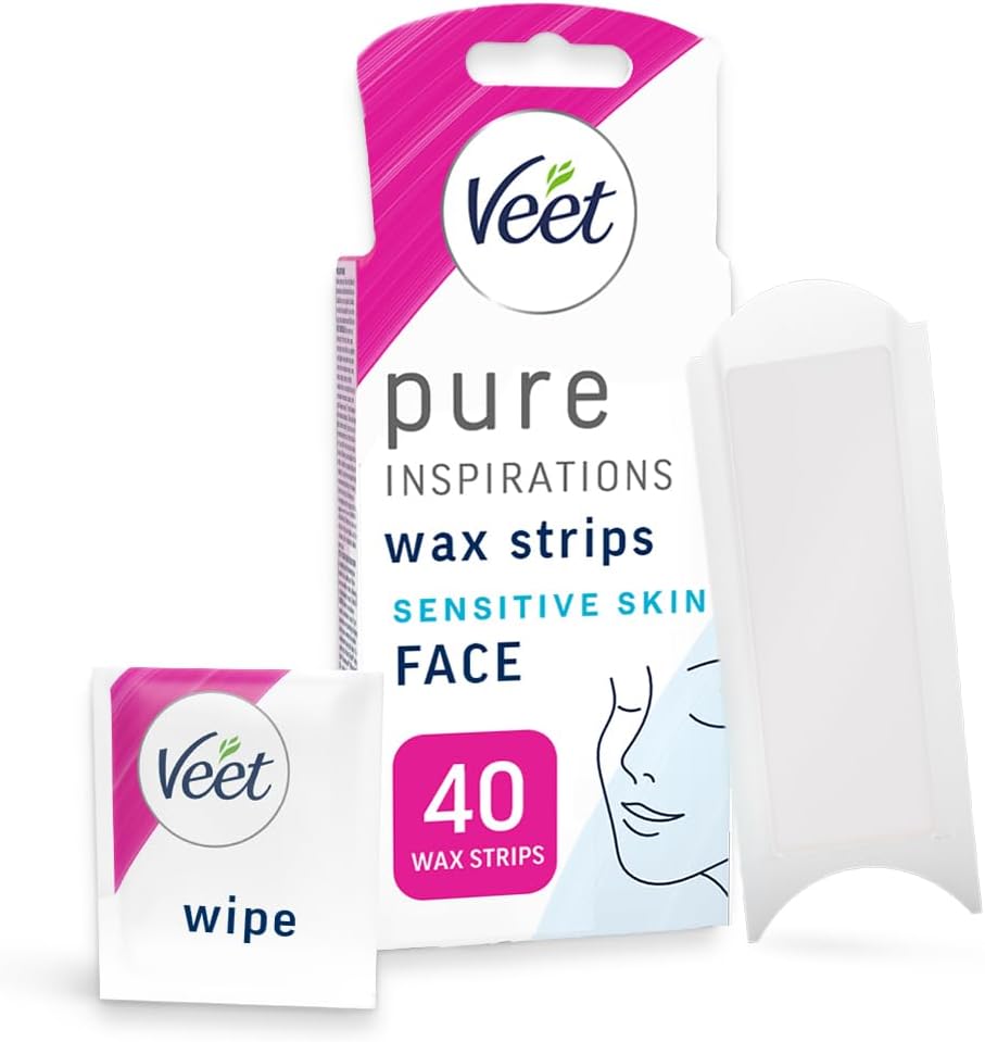 Veet Pure Cold Strips for Sensitive Facial Skin, 40 Count + 4 Finish Wipes, Root Hair Removal, 28-Day Smoothness, Hypoallergenic, Hot Kit Alternative (Packaging Varies)