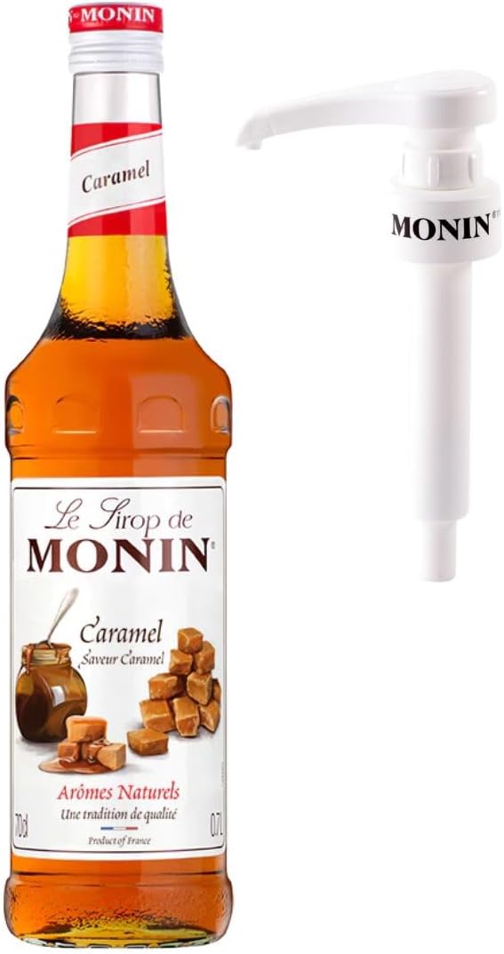 Monin Premium Caramel Syrup 700ml | Caramel Syrup for Coffee and Cocktail Flavouring + Monin Pump