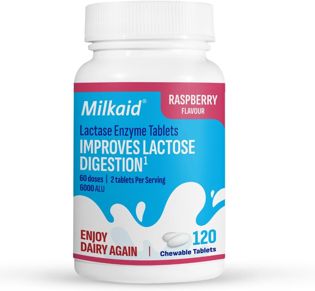 Milkaid Lactase Enzyme Chewable Tablets for Lactose Intolerance Relief | Prevents Gas, Bloating & Diarrhea | Fast Acting Dairy Digestive Supplement (120 Tablets, Raspberry)
