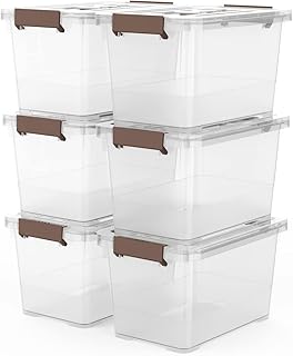 WYT 6-Pack Clear 7 Quart Storage Latch Box/Bins, Plastic Stackable Latching Box with Brown Handle and Lid, Multi-Purpose, 7 Litre