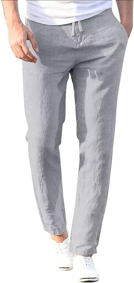 Men’s Linen Pants Casual Dress Pant Lightweight Elastic Waist Drawstring Summer Beach Trousers with Pockets