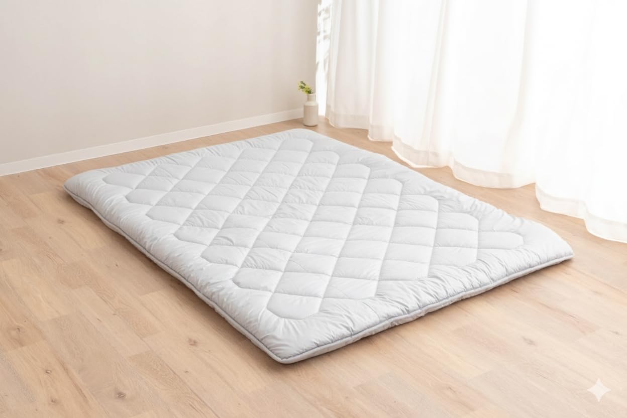 EMOOR Japanese Floor Futon Mattress Anti-Sag Double Made in Japan 100% Cotton Chip Foam Gray, Shikibuton Foldable Sleeping Bed Tatami Mat