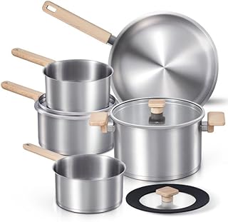 CAROTE 7 Pcs Stainless Steel Cookware Set, 3-ply Base Induction Available Stainless Steel Pots and Pans Set, Tempered Glass Lids, Induction Kitchen Cookware Sets, Stay-Cool Handles