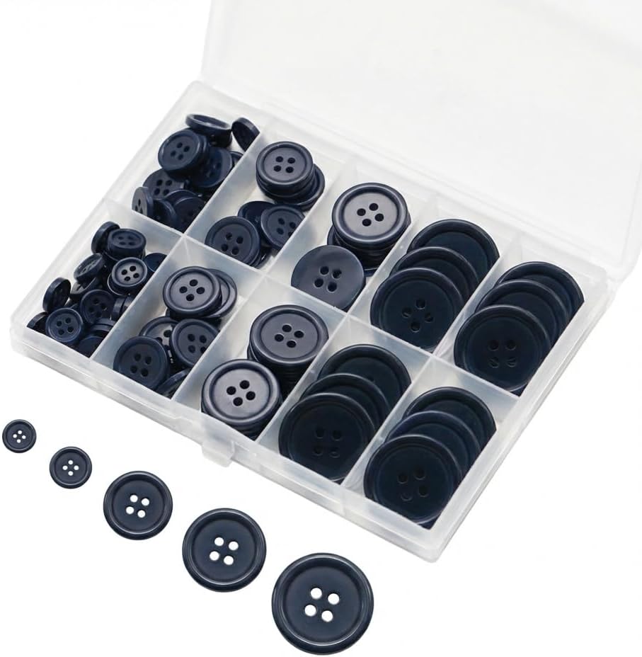 Lilaly 100 pcs Navy Blue Buttons for Crafts, 5 Sizes Mixed Round Sewing Buttons for Clothes, Suitable for for DIY Crafts, Coats, Shirts, Pants, Shorts