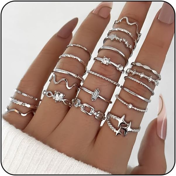 FloralGrace 22 Piece Silver Ring Set for Women, Waterproof Silver Plated Stackable Statement Rings, Finger Stackable Ring, Chic Silver Rings