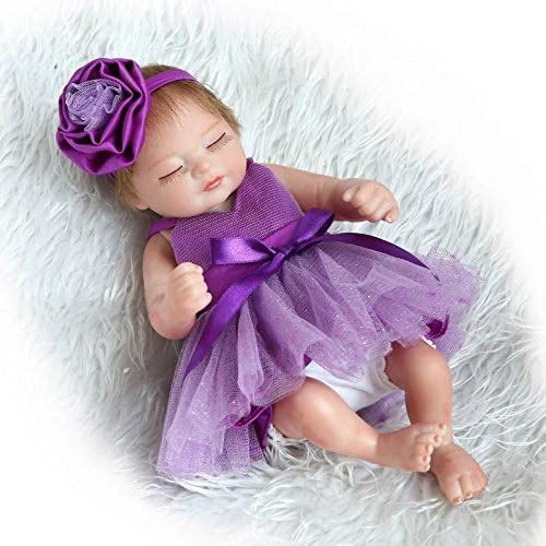 iCradle Reborn Baby Dolls 10"/26cm Inch Mini Hard Vinyl Silicone Full Body Realistic Newborn Dolls with Purple Dress Xmas Birthday Present