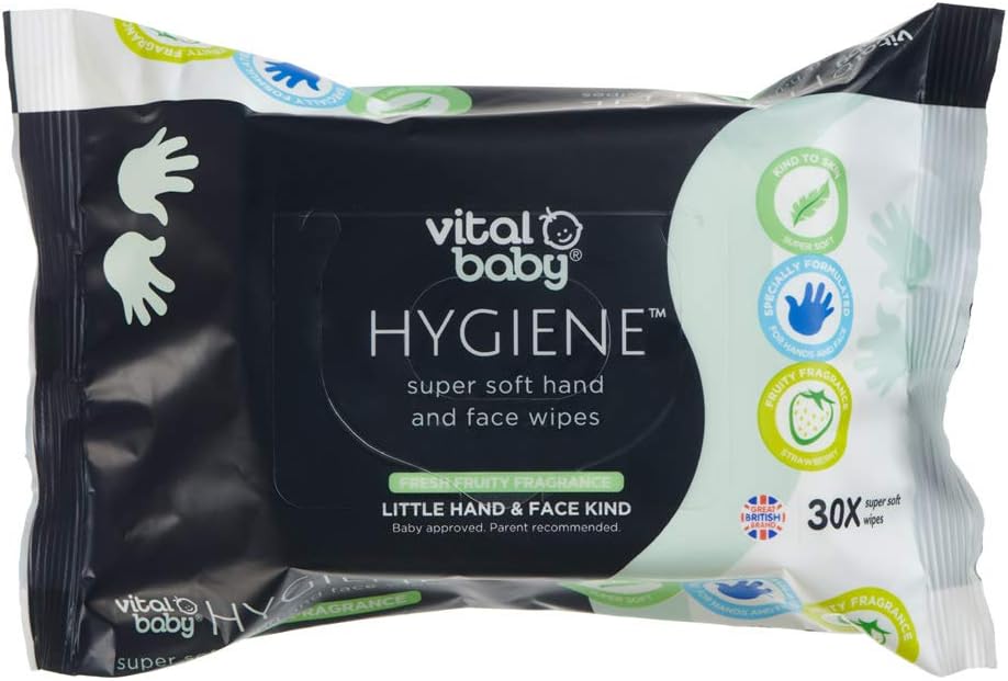 Vital Baby HYGIENE Super Soft Hand and Face Wipes 30 Pack - Gentle Cleansing Wipes, Fresh Fruity Fragrance-Free, Hypoallergenic, Alcohol-Free – Sensitive newborn skin – Use before and after mealtime