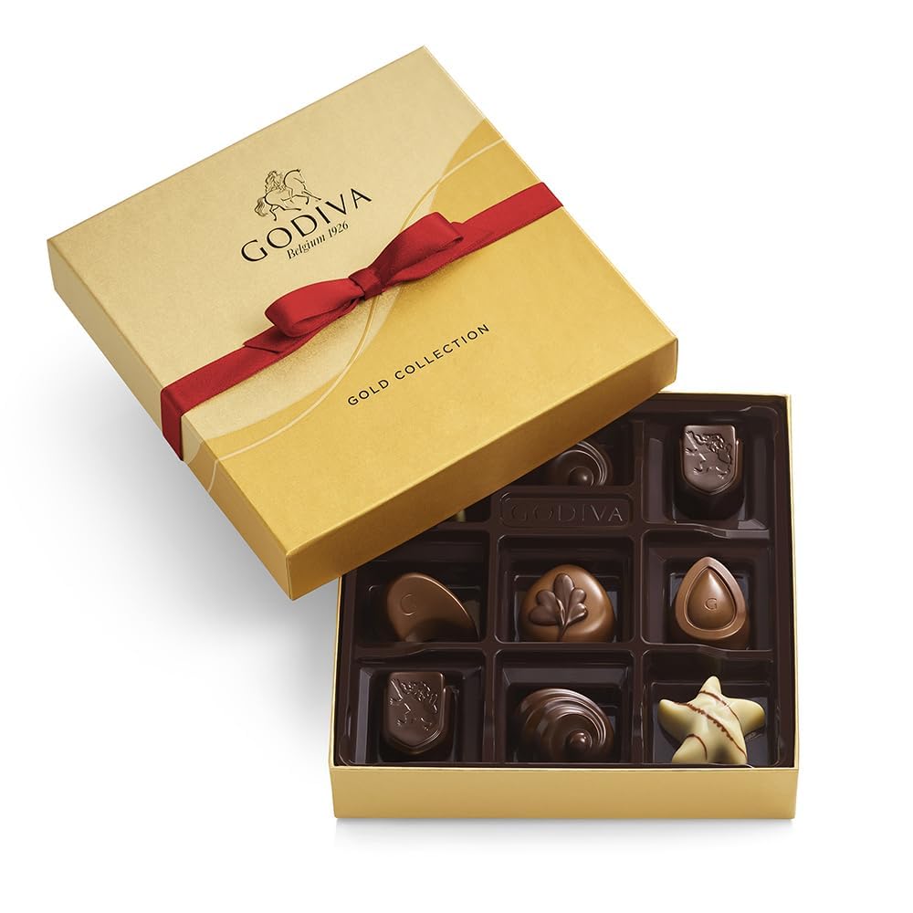 Godiva Chocolatier Holiday Assorted Gourmet Chocolate Gold Gift Box, Creamy Milk Dark, and White Chocolate Treats for Thank you, Anniversary, Christmas Candy Gift for Family and Friends, 9pc