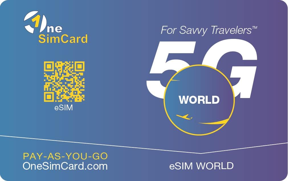 OneSimCard Travel eSIM for use with Apple iPhone, Google Pixel, Samsung Galaxy and Other eSIM Devices in Over 150 Countries