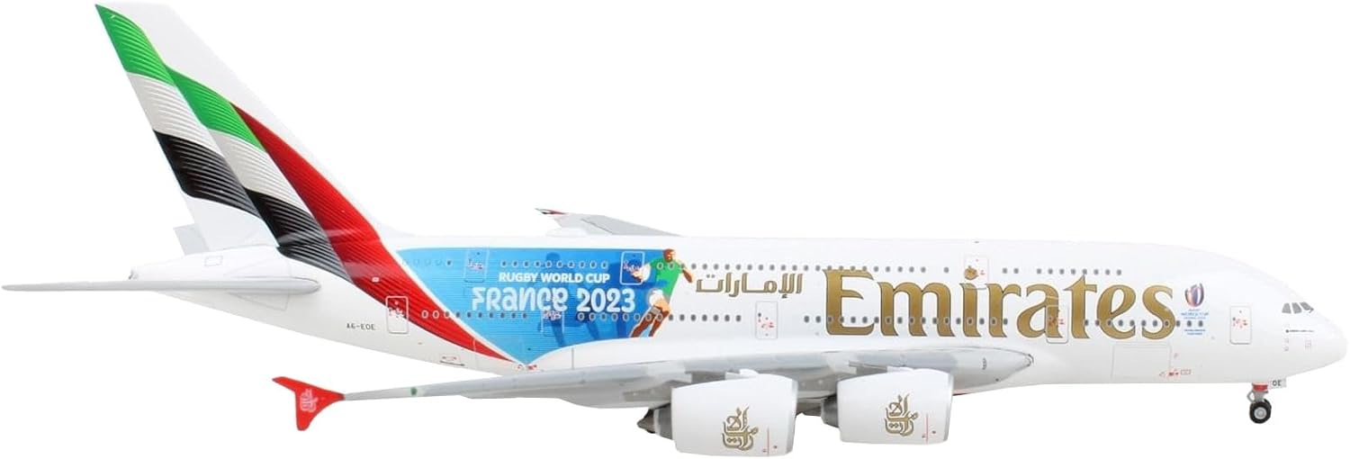 GeminiJets Airbus A380-800 Commercial Aircraft Emirates Airlines - 2023 Rugby World Cup Sponsor White with Striped Tail 1/400 Diecast Model Airplane
