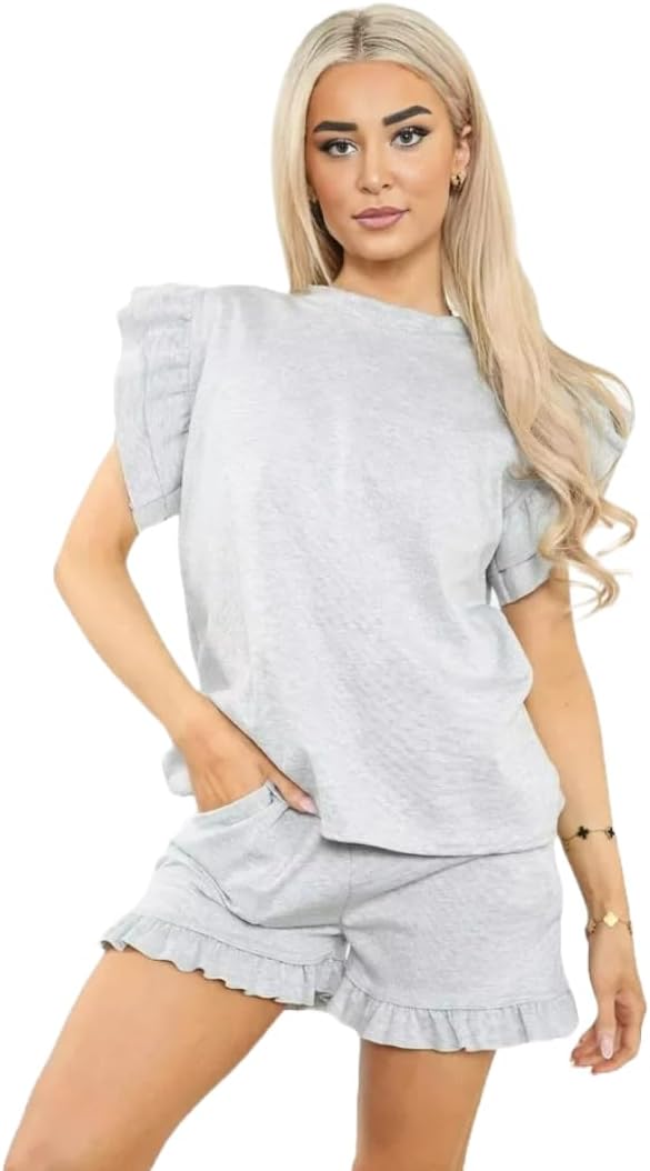 HUBIBUBI Ladies Frill Peplum Short and Top Set Stylish Comfortable Perfect Summer Co-Ord 2 Piece Longwear Tracksuit Ladies Shorts 2PCS Co ord Set Tracksuit UK