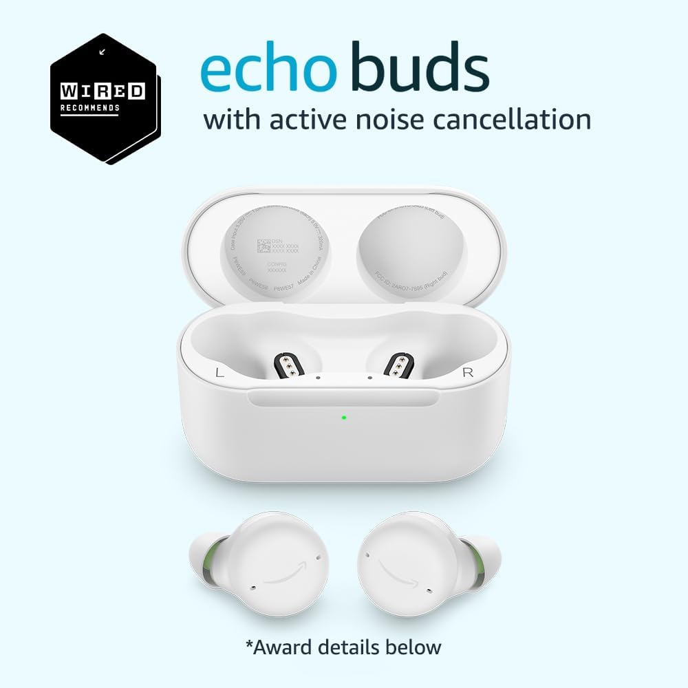 Amazon Echo Buds with Active Noise Cancellation (2021 release, 2nd gen) | Wireless earbuds with active noise cancellation and Alexa | Wireless charging case | Glacier White