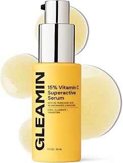 Gleamin 15% Vitamin C Serum - with 3% Tranexamic Acid, 4% Niacinamide and Bakuchiol - For Uneven Tone, Post-Blemish Visibly Brighten & Texture | Fragrance Free - 1 FL OZ