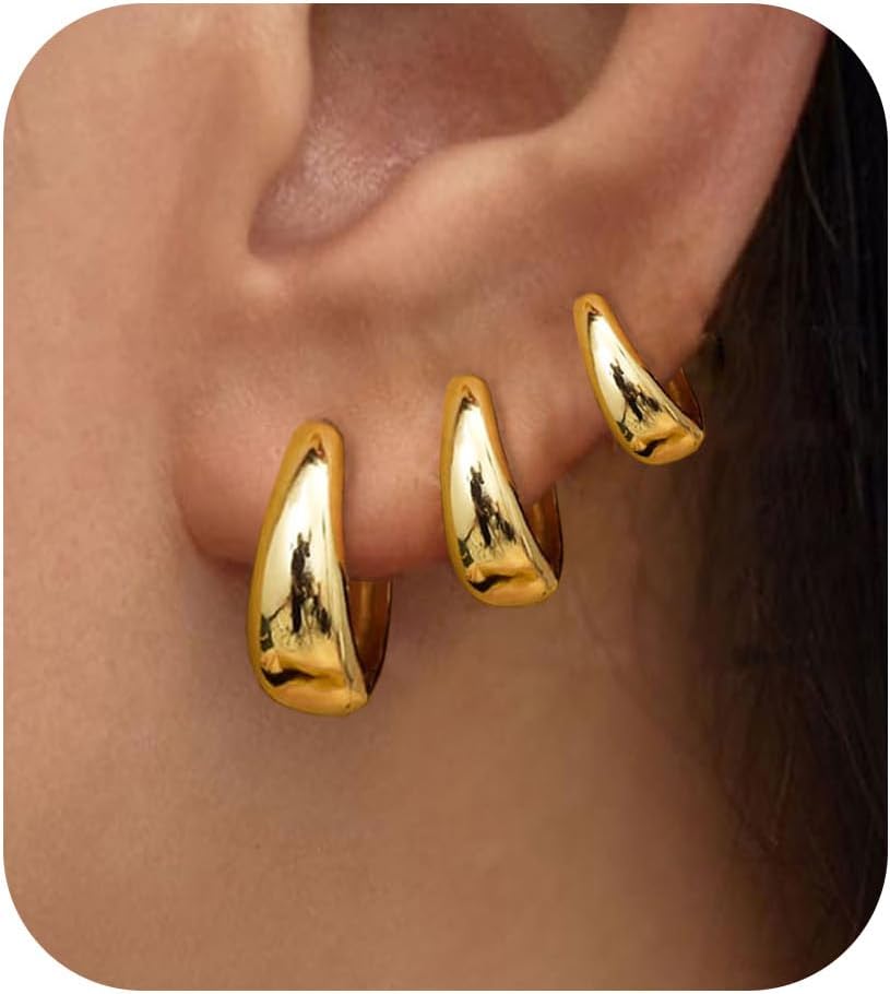 3Pairs Gold Hoop Earrings Set for Women Trendy Chunky Huggie Dainty Earrings Jewelry for Women Teens