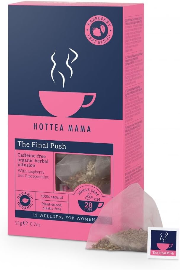 HOTTEA MAMA | The Final Push | Organic Raspberry and Peppermint Pregnancy Tea Blend | Caffeine-Free | 14 Whole-Leaf Biodegradable Tea Bags (28 Tea Cups)
