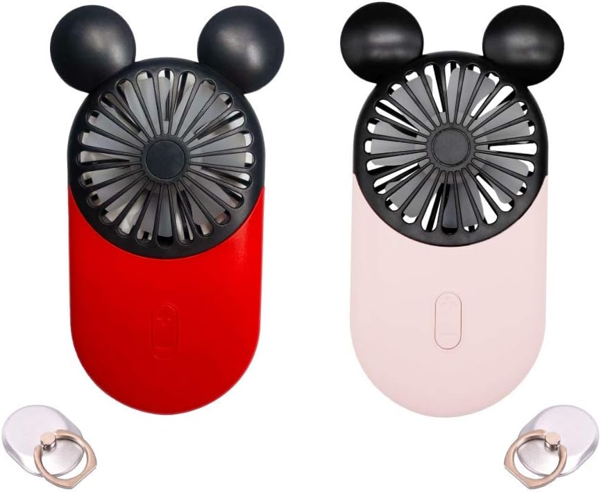 DecoLife Cute Mouse Mini Fan, Handheld & Portable USB Rechargeable Fan with Beautiful LED Light, 3 Adjustable Speeds, 2 Pack (Red+Pink)