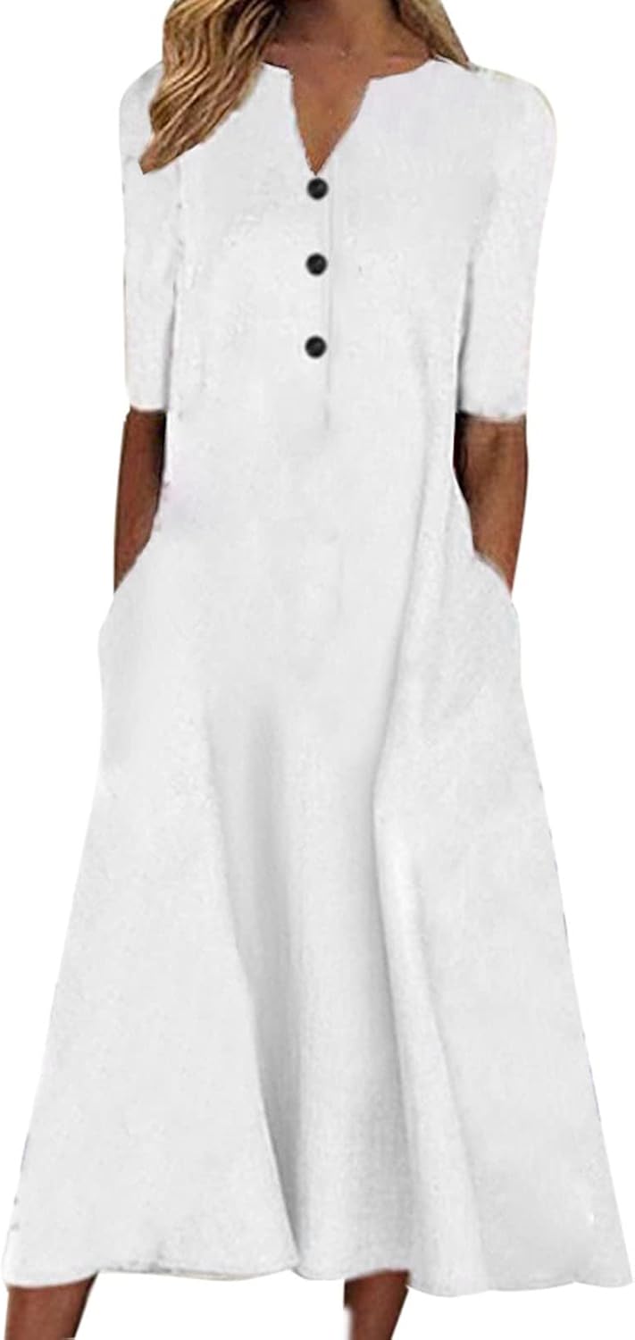 Nuoke Summer Dresses for Women UK 2025 Causal V-Neck Button Short Sleeve Vacation with Pockets Women's Dress UK Ladies Printing Summer Dress Party Elegant Beach Club Cocktail Womens Dresses