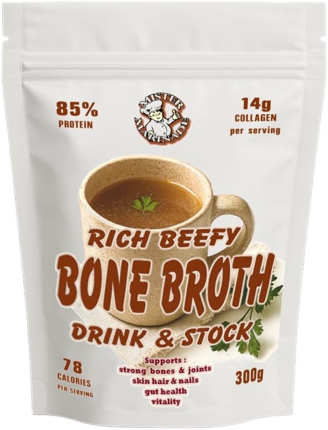 Rich Beefy Bone Broth Powder, 17g Protein per Serving, 14g Collagen, Bone Broth Nutrition that Doesn't Cost The Earth, Instant Super Tasty Savoury Drink & Stock, 100% Natural, 15 Servings, 300g