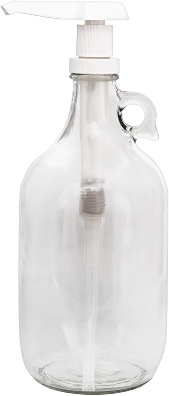 Cornucopia Half Gallon Glass Pump Dispenser Bottle, 64-Ounce Jug with Pump for Sauces, Syrups, Soaps and More Clear, White