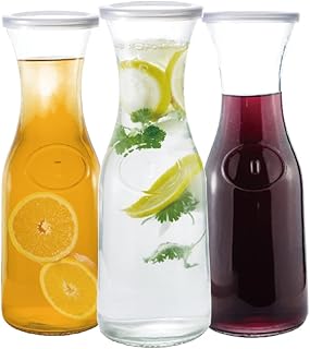Glass Carafe Pitcher Clear ZERO LEAD For Water, Wine, Milk, Juice, Mimosa Bar With Lids 1 Liter 34 Ounces PACK OF 3