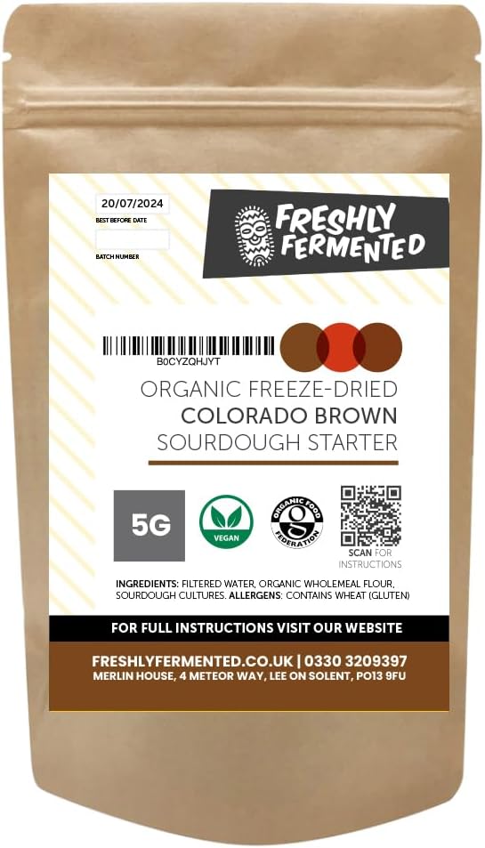 Freshly Fermented Colorado Brown Sourdough Dried Sourdough Starter, Colorado Brown Starter | Certified Organic Freeze Dried Culture | Hearty Whole Wheat Loaves | 10g Sachet Makes 50+ Loaves
