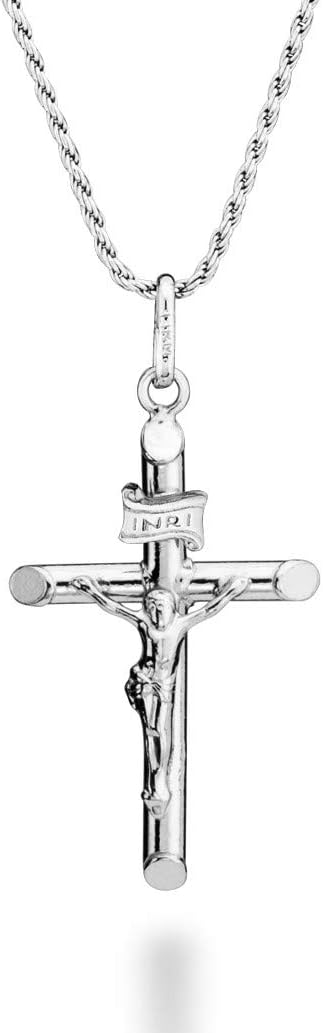 Miabella Rhodium Plated 925 Sterling Silver Small or Large Crucifix Necklace for Men Women, Cross Pendant with Rope Chain, Made in Italy