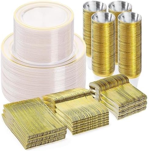 BESTVIP 600PCS Clear Gold Dinnerware Set for 100 Guests,