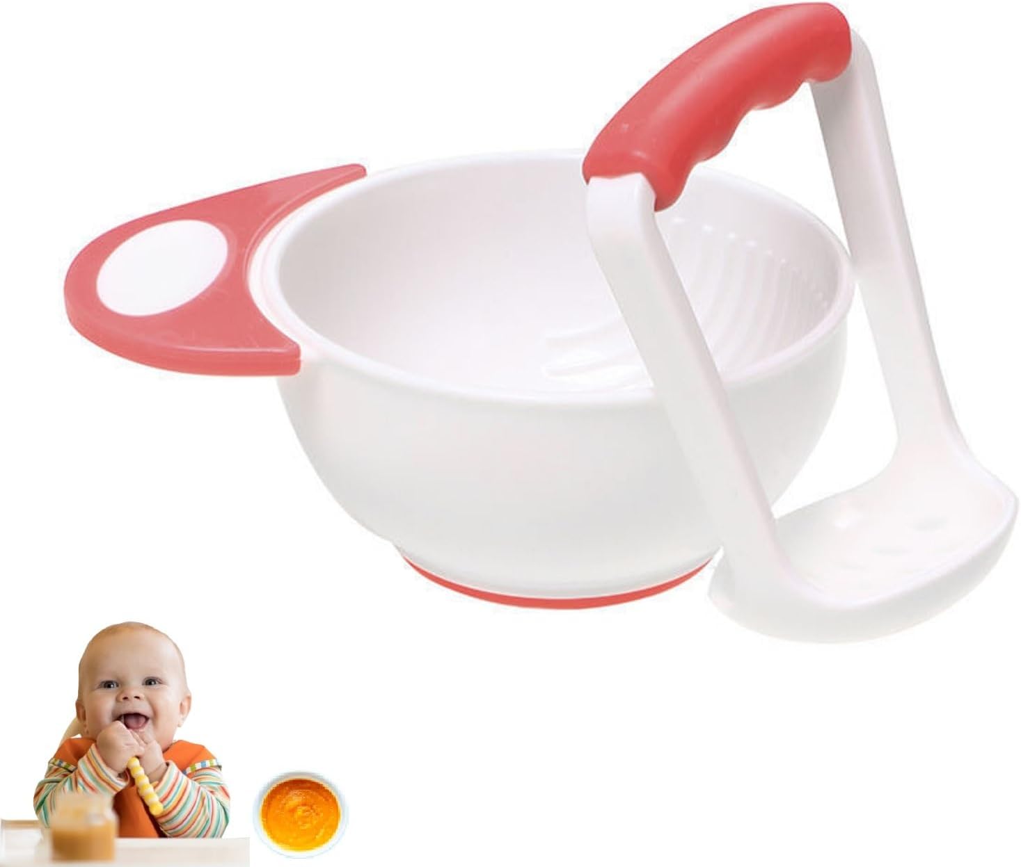 Baby Food Mash Bowl,Baby Food Masher Bowl Set,Handmade Fruit Vegetable Food Grinding Bowl,Baby Grinding Bowl,with Non Slip Long Bowl Handle and Grinding Rod,1 Set of Baby Food Mashing Bowls(Red)