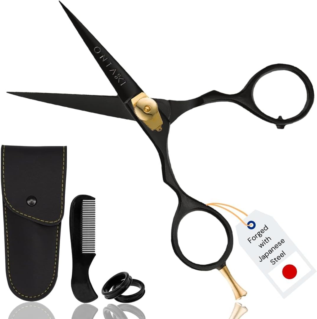 Ontaki 5.5" Beard & Hair Trimming Scissors - Professional Japanese Steel Hand-Forged Barber Shears - Hair, Mustache Scissors & Beard Trimmer for Men (Gold & Black)