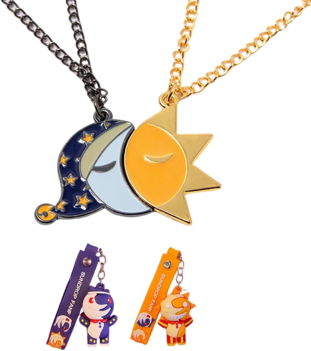 Anime Keychain &Pin Five Night Sun & Moon Friendship Necklace Gift for Kids Men Women and Fans