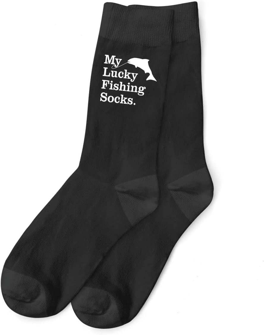 D Design Invent Print! Lucky Fishing Gift Socks Men’s Black Funny Fishing Fish Angling Quote Size 6-11 (Black)
