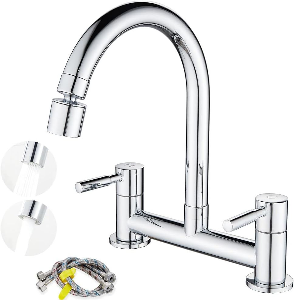 Maynosi Kitchen Sink Mixer Tap, Kitchen Bridge Mixer Taps 2 Hole, 180 mm Centers Deck Mounted Faucets, Twin Levers Faucet with 2 Function Aerator, 1/4 Turn, 360° Swivel Spout, Brass, Chrome Plated