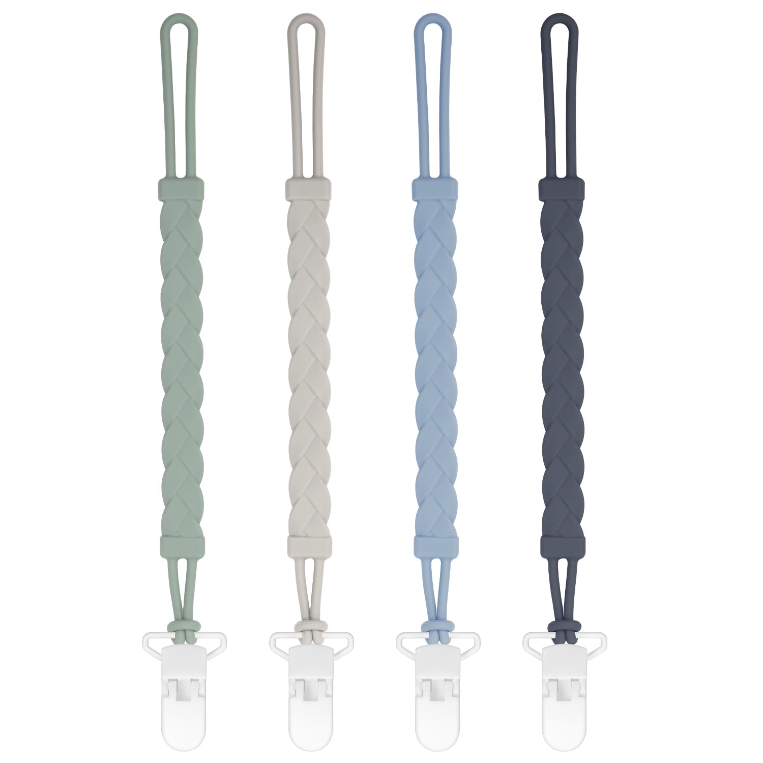 Stylish Silicone Pacifier Clips, 4-Pack Pacifier Holder with Flexible Woven Rope Design, 100% Food Grade Silicone, Easter Safe Essentials for Newborns Baby Boys and Girls