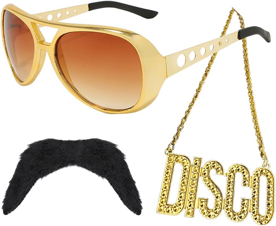 RichMoho Men Hippie Costume Set Disco Costume Accessories Women Disco Necklace Sunglasses Mustache 60s 70s Costume Accessories Hippie Glasses 50S 60S 70S 80S Disco Theme Party