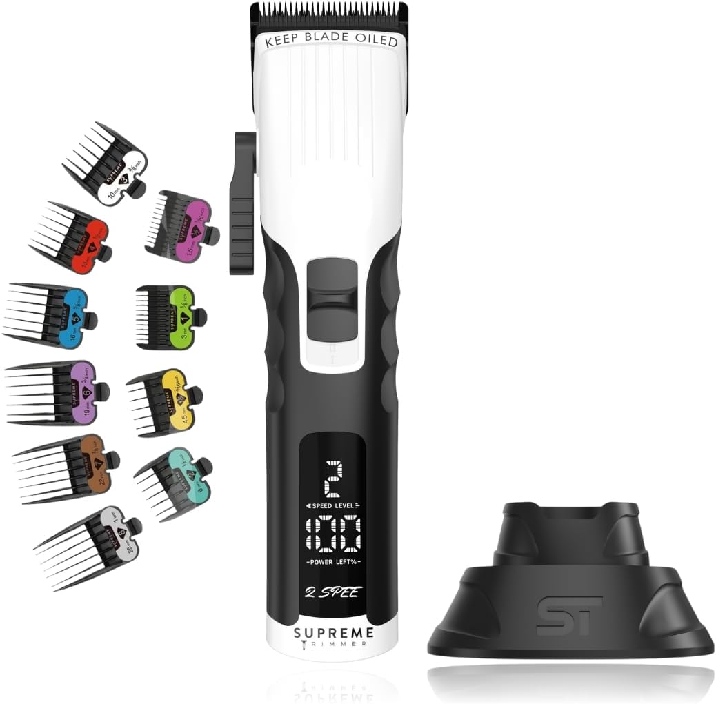 Supreme Trimmer 2Spee Cordless Hair Clipper w/Removable Blade| 210-Min Runtime, Digital Display, 2 Adjustable Speeds| Professional Barber Clipper with Colored Guide Combs | STC922