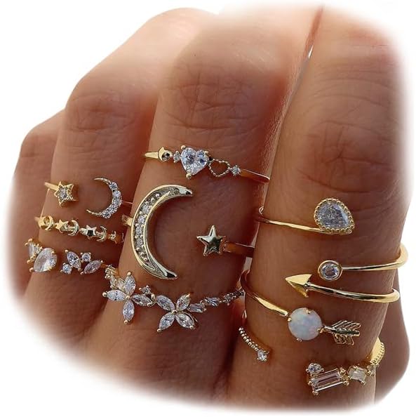 KISS WIFE Golden Stackable Moon Star Knuckle Rings Set for Women, Boho Dainty Lightweight Stacking Rings, Vintage Midi Rings Pack, Trendy Jewelry