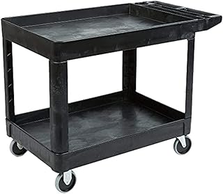 Rubbermaid Commercial Products 2-Shelf Utility/Service Cart, Medium, Black, Lipped Shelves, Ergonomic Handle, 500 lbs. Capacity, for Warehouse/Garage/Cleaning/Manufacturing