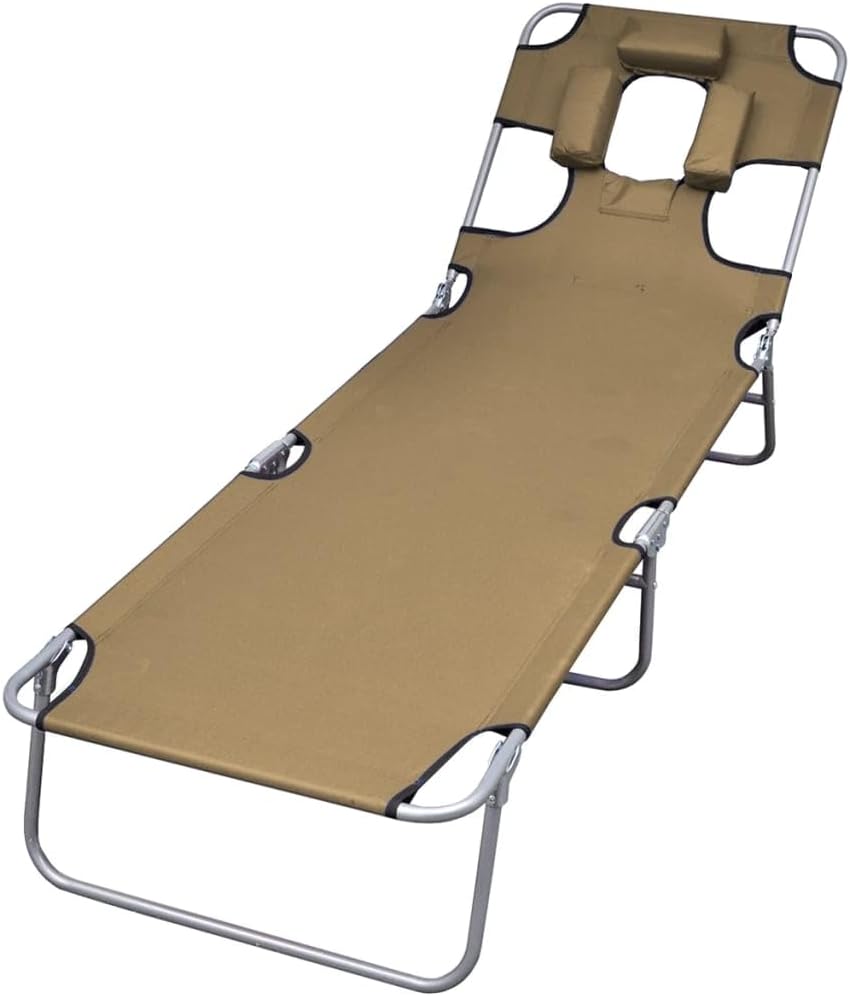 Foldable Sunlounger with Head Cushion, Outdoor Lounge Chairs Patio Chairs Outdoor Patio Furniture Chaise Lounge Chair Suitable for Patio Beach Poolside Garden Adjustable Backrest Taupe