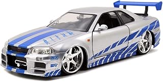 Jada Toys Fast & Furious Brian’s 2002 Nissan Skyline R34 Die-cast Car, 1:24 Scale, Silver & Blue,19808