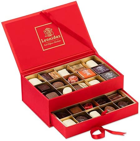 Silk Like Red Jewellery Style Box Assorted Leonidas Belgian Chocolate, 30 Piece Fresh Pralines, Ganache, Creams. Large Beautiful Gift