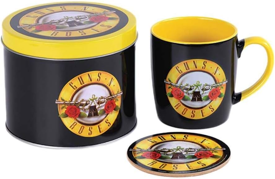 Pyramid International Guns N' Roses, Mug Set, Contains 13oz/370ml Mug, Coaster & Gift Tin, Bullet Logo Artwork, Yellow & Black, One Size