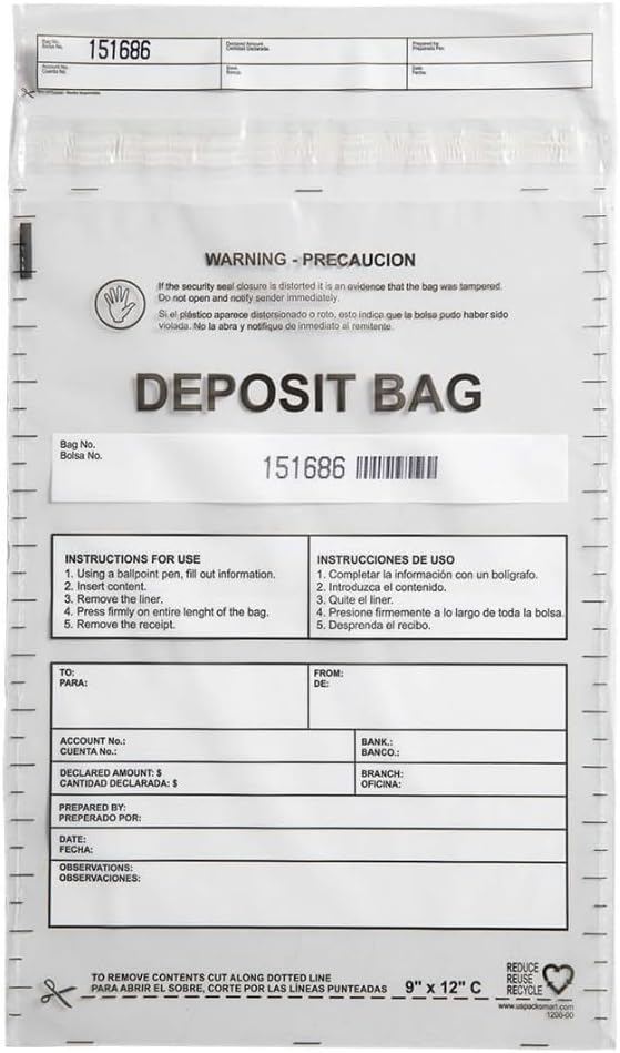 USPACKSMART Opaque Plastic Deposit Bags 9"x12" | Secure Bank Deposits, Cash Handling or Safe Currency Transportation | Sequential Barcodes | Tamper-Evident | Tear-Off Receipt for Security | 100-Pack