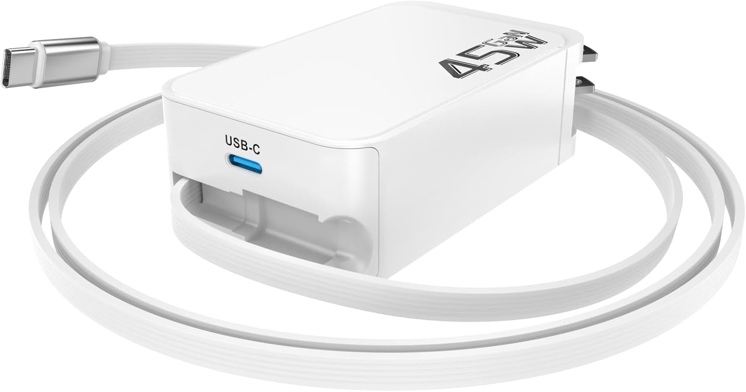 Retractable Wall Charger, 45W PD Fast USB C Charging Block with Retractable Type-C Cable, 45W Travel Charger Fast Charging Foldable Plug Adapter with for iPhone 16/15 Pro Max, iPad Pro, Galaxy, Pixel